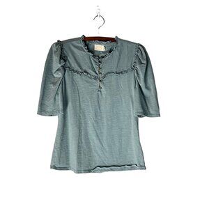 Nation LTD Dusty Blue Ruffle Trim Puff Shoulder 3/4 Sleeves Top Womens Medium